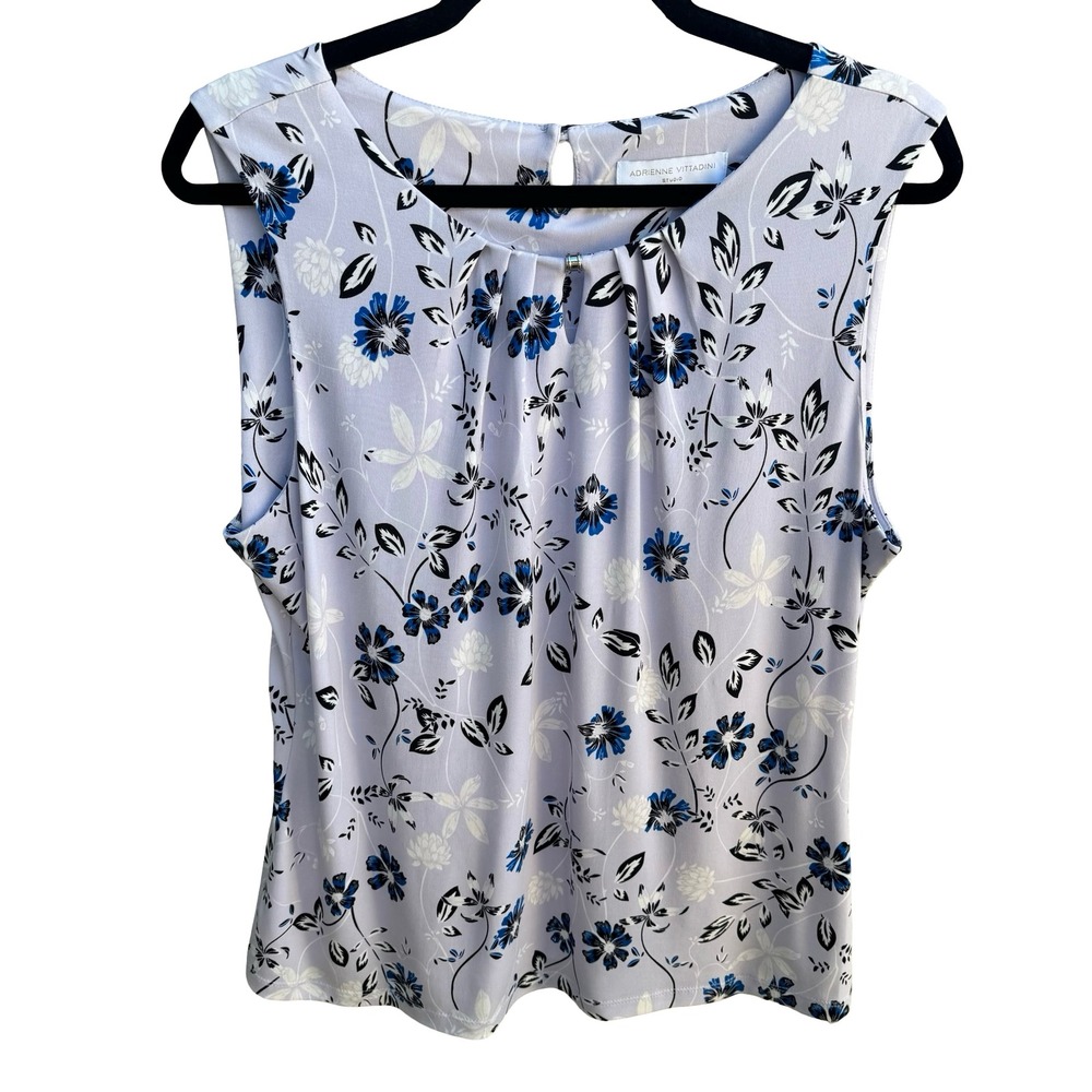Adrienne Vittadini Studio Professional Floral Sleeveless‎ Pleated Neck Blouse L
